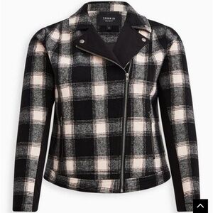 NWOT. Torrid Brand Black, White and Pale Pink Flannel Moto Jacket.